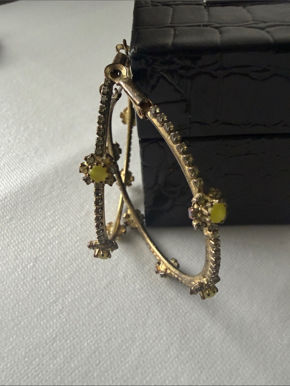 Gold Hoop Earrings with Yellow Stone Flower Accents